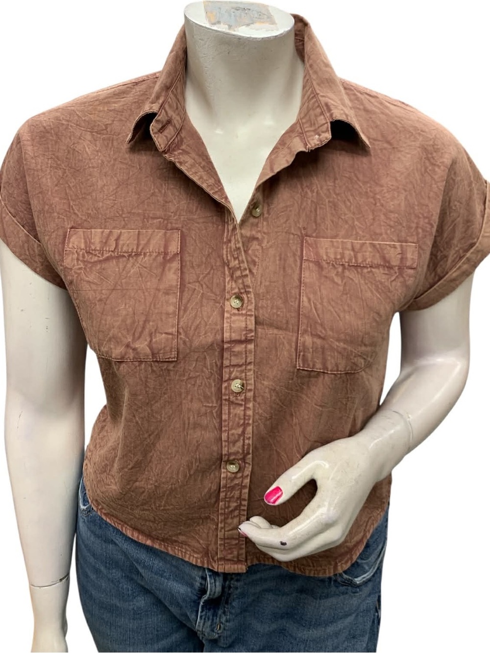 Sim & Sam Cropped Short-Sleeve Button-Down Shirt in Rust Size XL